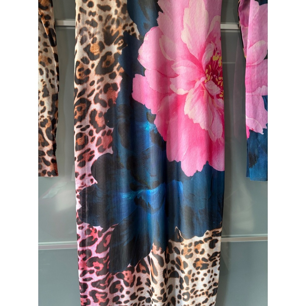 AFRM Shailene Mesh Dress Leopard Floral Print Long Sleeve Small Edgy Sheer Body - Picture 4 of 16